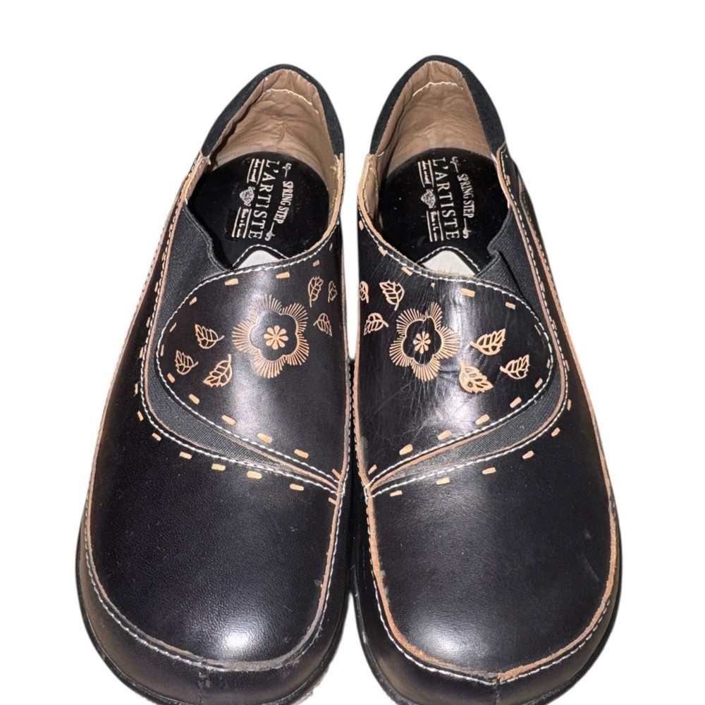 Spring Step L’Artiste Burbank Leather Clogs 7.5-8 Black Floral Slip On